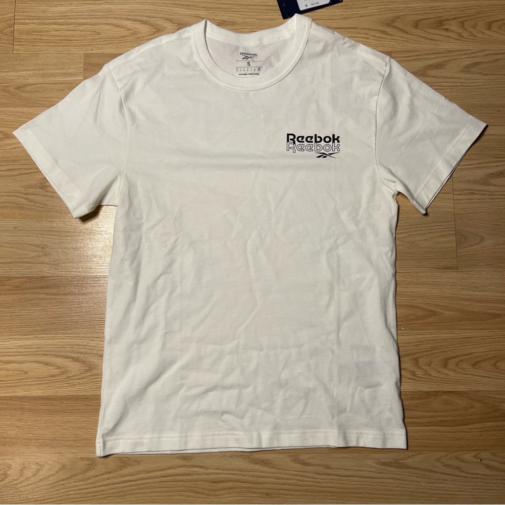 Reebok Men White Black Crew Neck Short Sleeve Logo T Shirt Size S NWT